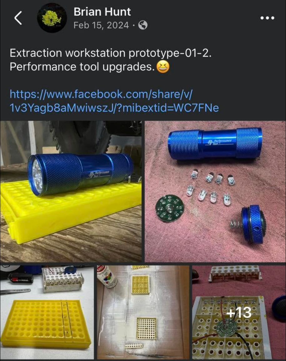 Facebook post from February 15, 2024 showing prototype-01-2 built from a blue LED flashlight