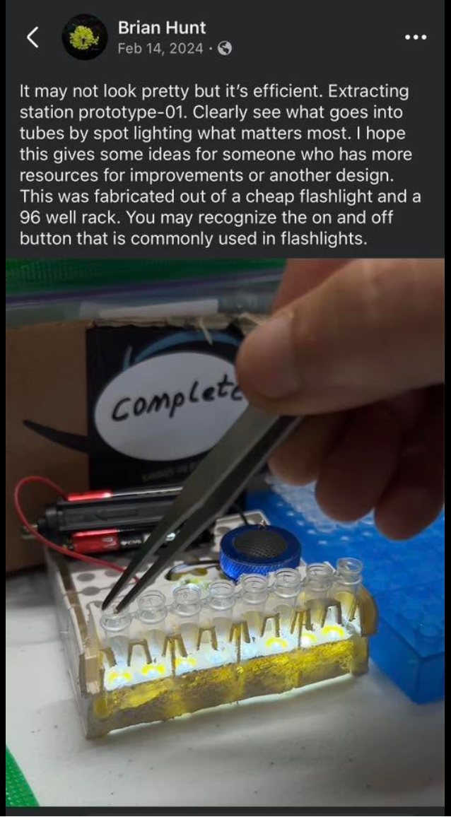 Facebook post from February 14, 2024 showing prototype-01 in use with tweezers